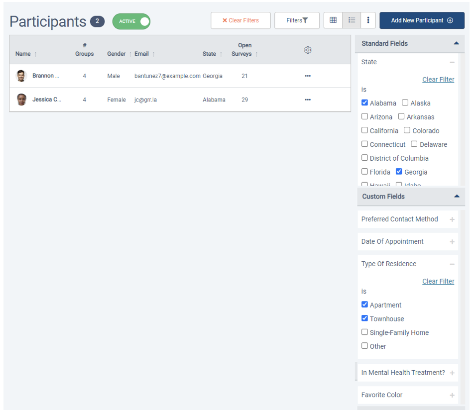 Filtering the Participants or Organizations List