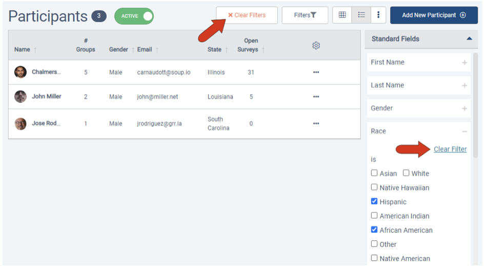 Filtering the Participants or Organizations List