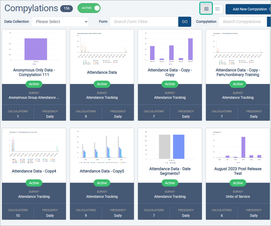 Grid view with a preview of a calculation from each compylation.